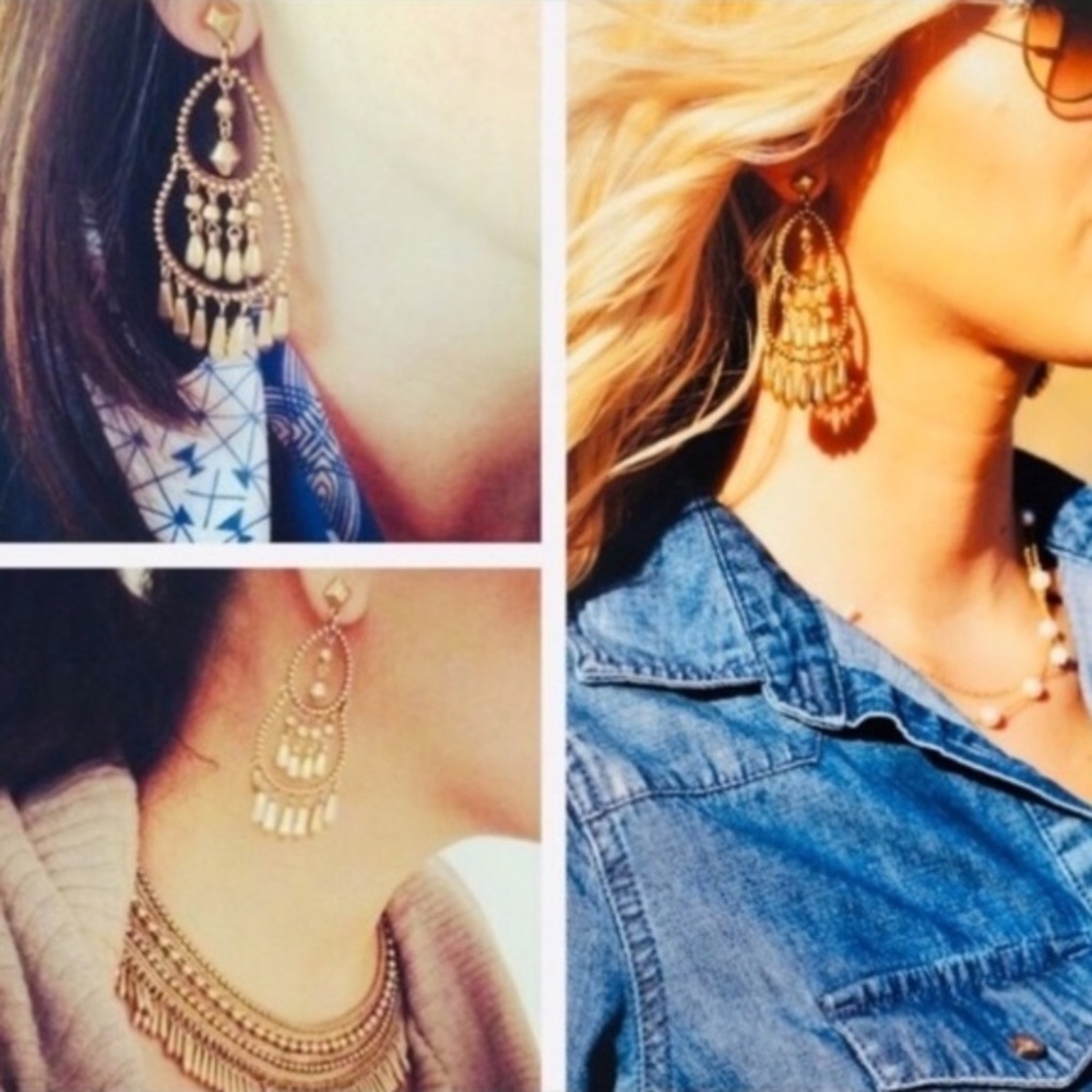 Stella & Dot | Vintage Gold Reverie Chandelier Shoulder Duster Tiered Earrings - Picture 6 of 12